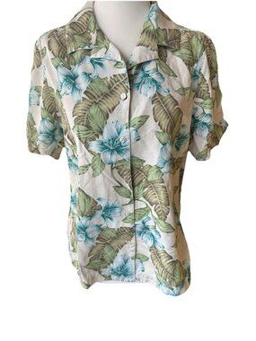 Tommy Bahama Women's 100% Silk Hawaiian Button Up Top Green. Blue, White Med